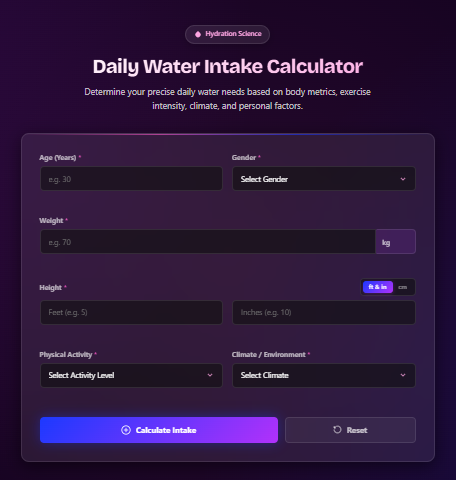 Interactive daily water intake calculator form interface showing metric and imperial body metric fields. Daily water intake calculator by weight. Daily hydration needs. How much water should i drink? 