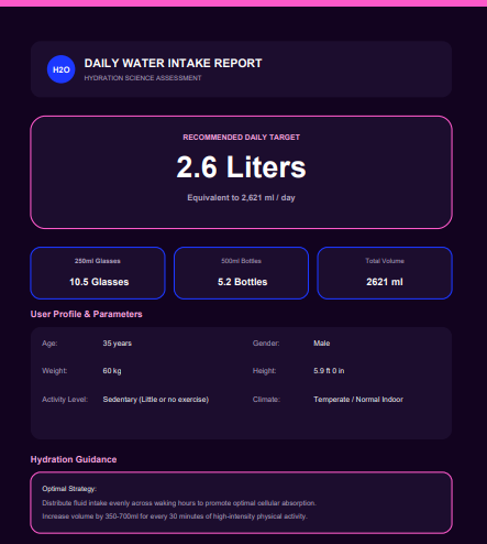 Detailed daily water intake report showing recommended liters, glasses, and user profile parameters.