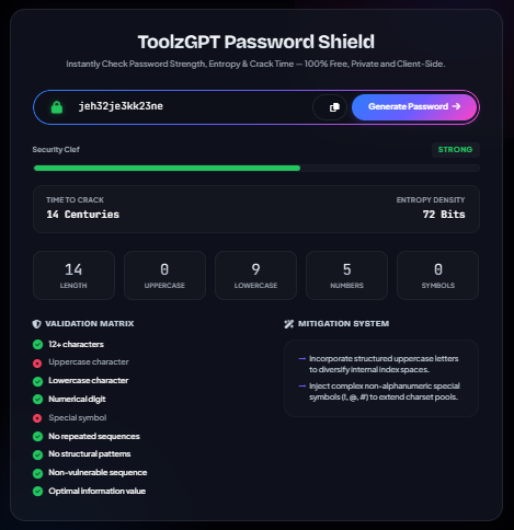 ToolzGPT Password Strength Checker showing password security score, entropy analysis, crack time estimate, validation matrix, and secure password generator running 100% client-side.