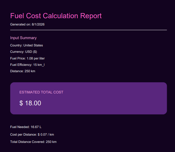 Trip budgeting fuel cost calculator printable report showing input summary and estimated total cost. How to save fuel cost?