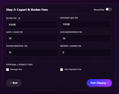Calculator interface showing Step 2 editable Copart buyer fees, gate fees, and optional penalty checkboxes.