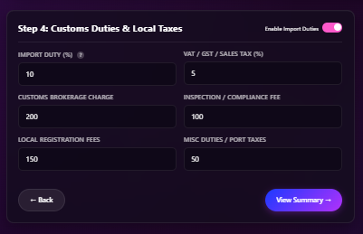 Calculator form showing Step 4 custom duty percentage, VAT, brokerage, and registration fee inputs.