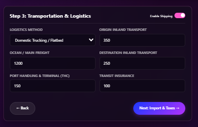 Interface view of Step 3 transportation and logistics settings including domestic trucking and ocean freight inputs.