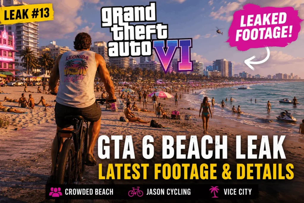 GTA 6 beach leak showing Jason cycling through a crowded Vice Beach