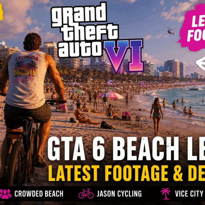 GTA 6 beach leak showing Jason cycling through a crowded Vice Beach