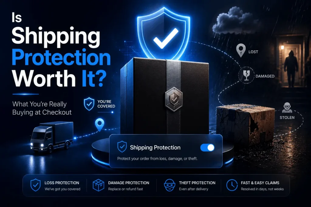 High-impact featured graphic illustrating package delivery risks, porch theft, and checkout shipping protection options.