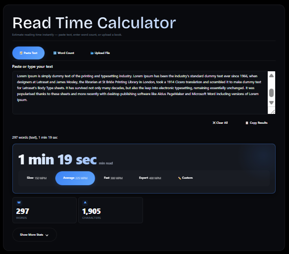 The primary interface of the Read Time Calculator featuring the Paste Text tool and live calculation results.