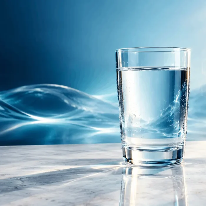 A clear glass filled with fresh drinking water representing the healthiest water to drink, resting on a marble surface with soft natural light.