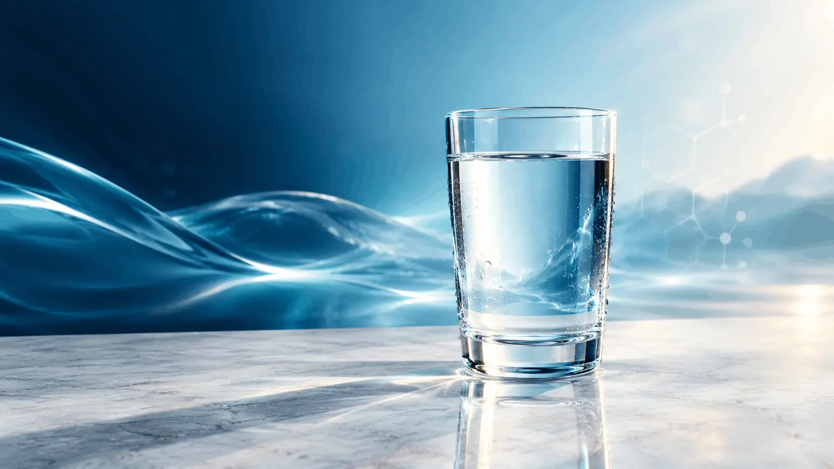 A clear glass filled with fresh drinking water representing the healthiest water to drink, resting on a marble surface with soft natural light.