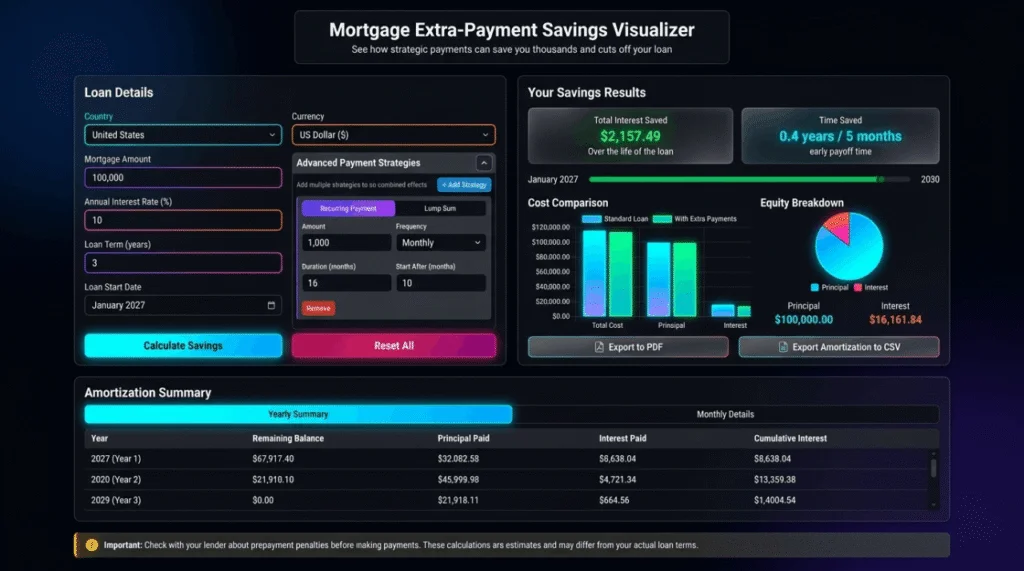 Interactive Free Mortgage Extra Payment Calculator dashboard showing amortization summary, interest savings graph, and equity breakdown.