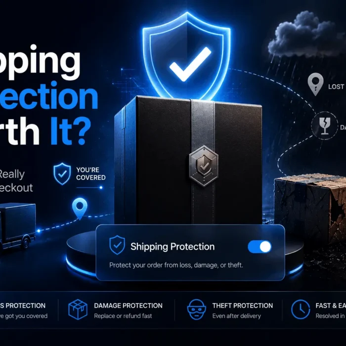 High-impact featured graphic illustrating package delivery risks, porch theft, and checkout shipping protection options.
